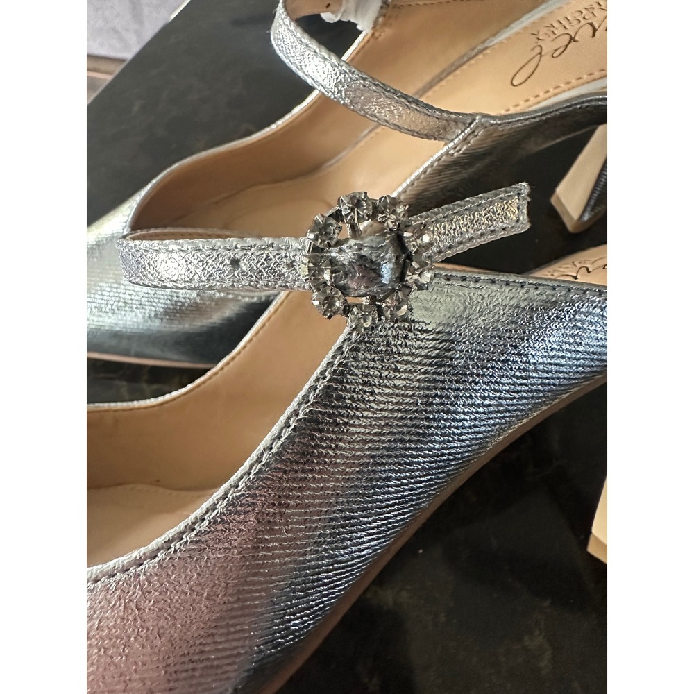 Jewel Badgley Mischka Silver Metallic Pointed Toe Crystal Buckle Mules Heels 6 - Picture 6 of 8